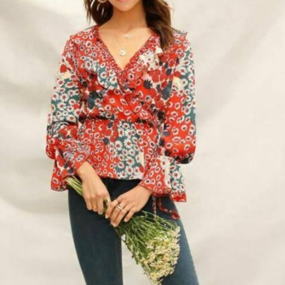SHEIN Orange Surplice Wrap Knot Bell Sleeve Top